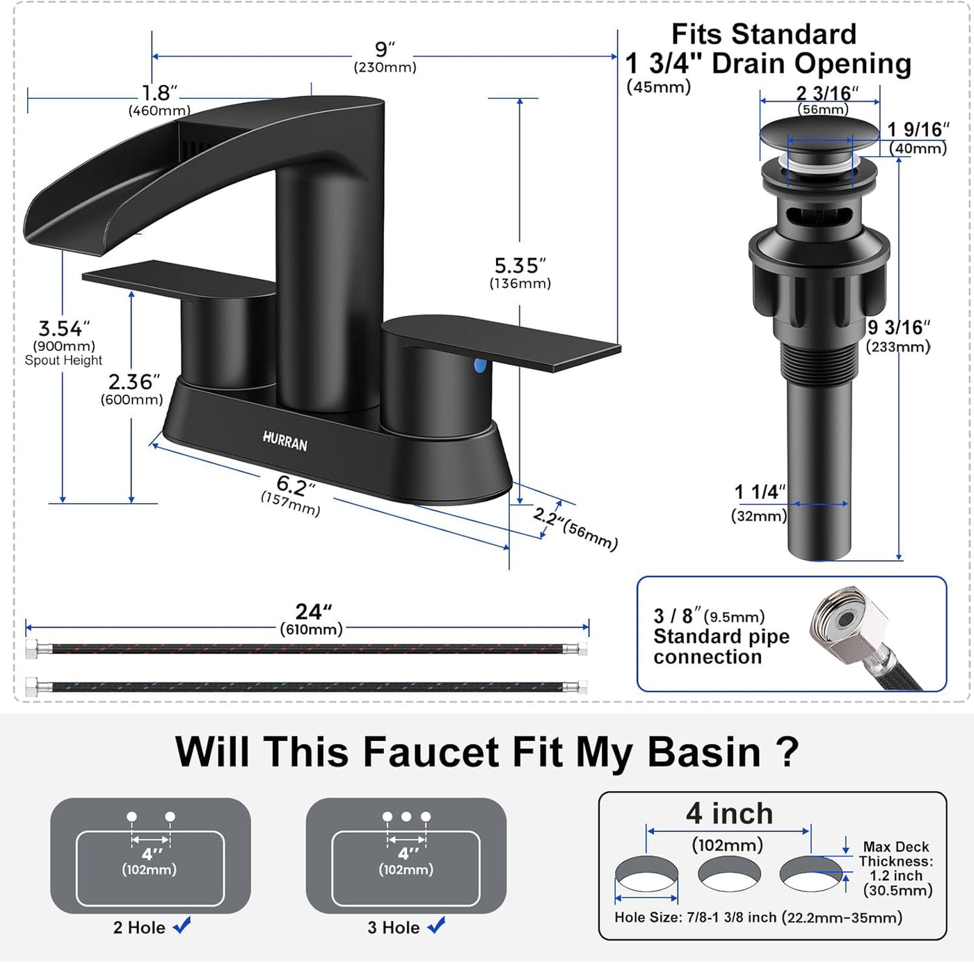Hurran 4 Inch Bathroom Faucets with Pop-up Drain, Stainless Steel 2-Handle