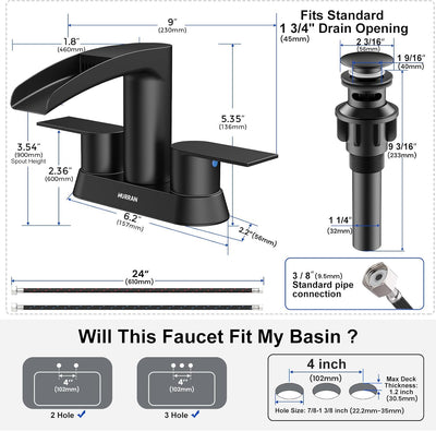 Hurran 4 Inch Bathroom Faucets with Pop-up Drain, Stainless Steel 2-Handle