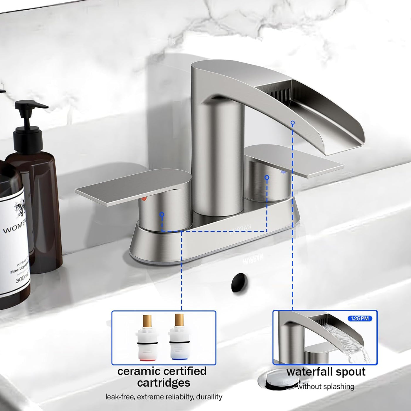 Hurran 4 Inch Bathroom Faucets with Pop-up Drain, Stainless Steel 2-Handle