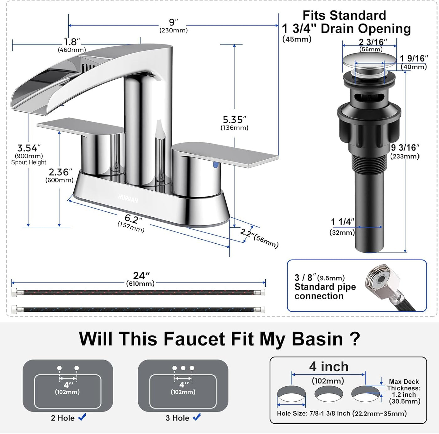 Hurran 4 Inch Bathroom Faucets with Pop-up Drain, Stainless Steel 2-Handle