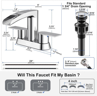 Hurran 4 Inch Bathroom Faucets with Pop-up Drain, Stainless Steel 2-Handle