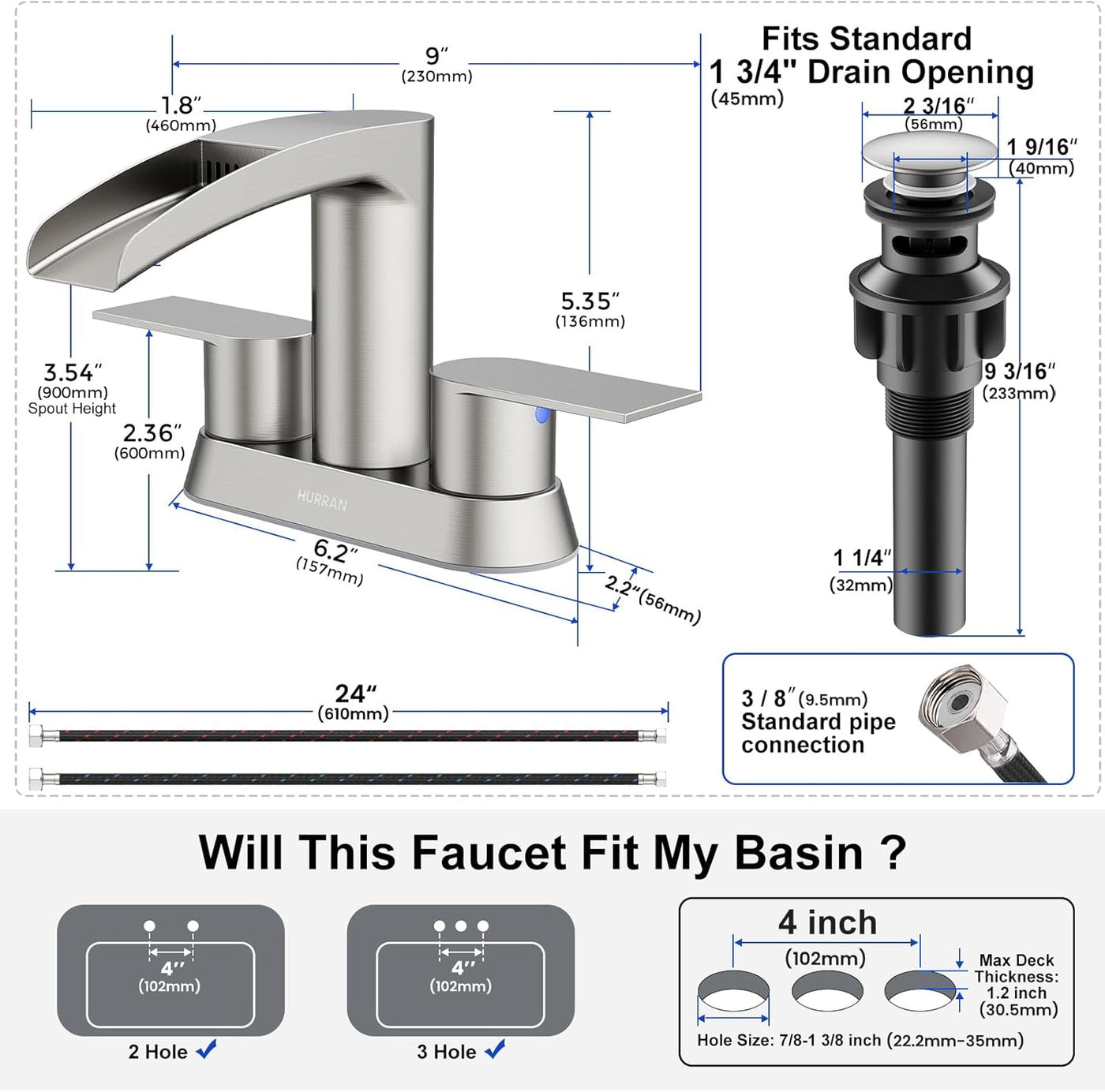 Hurran 4 Inch Bathroom Faucets with Pop-up Drain, Stainless Steel 2-Handle