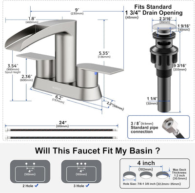 Hurran 4 Inch Bathroom Faucets with Pop-up Drain, Stainless Steel 2-Handle