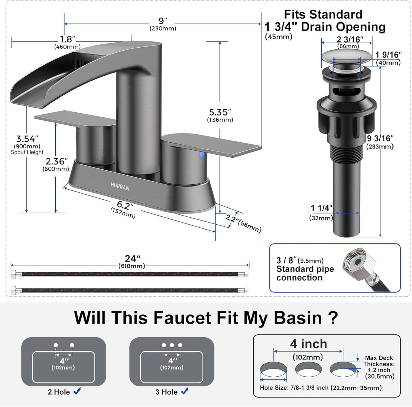 Hurran 4 Inch Bathroom Faucets with Pop-up Drain, Stainless Steel 2-Handle