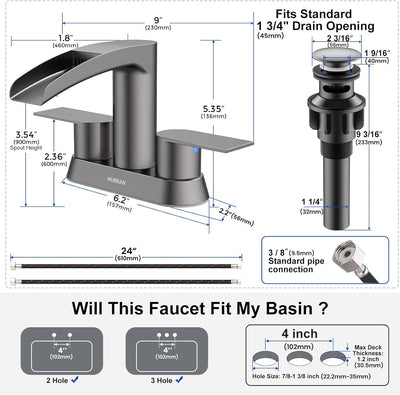Hurran 4 Inch Bathroom Faucets with Pop-up Drain, Stainless Steel 2-Handle