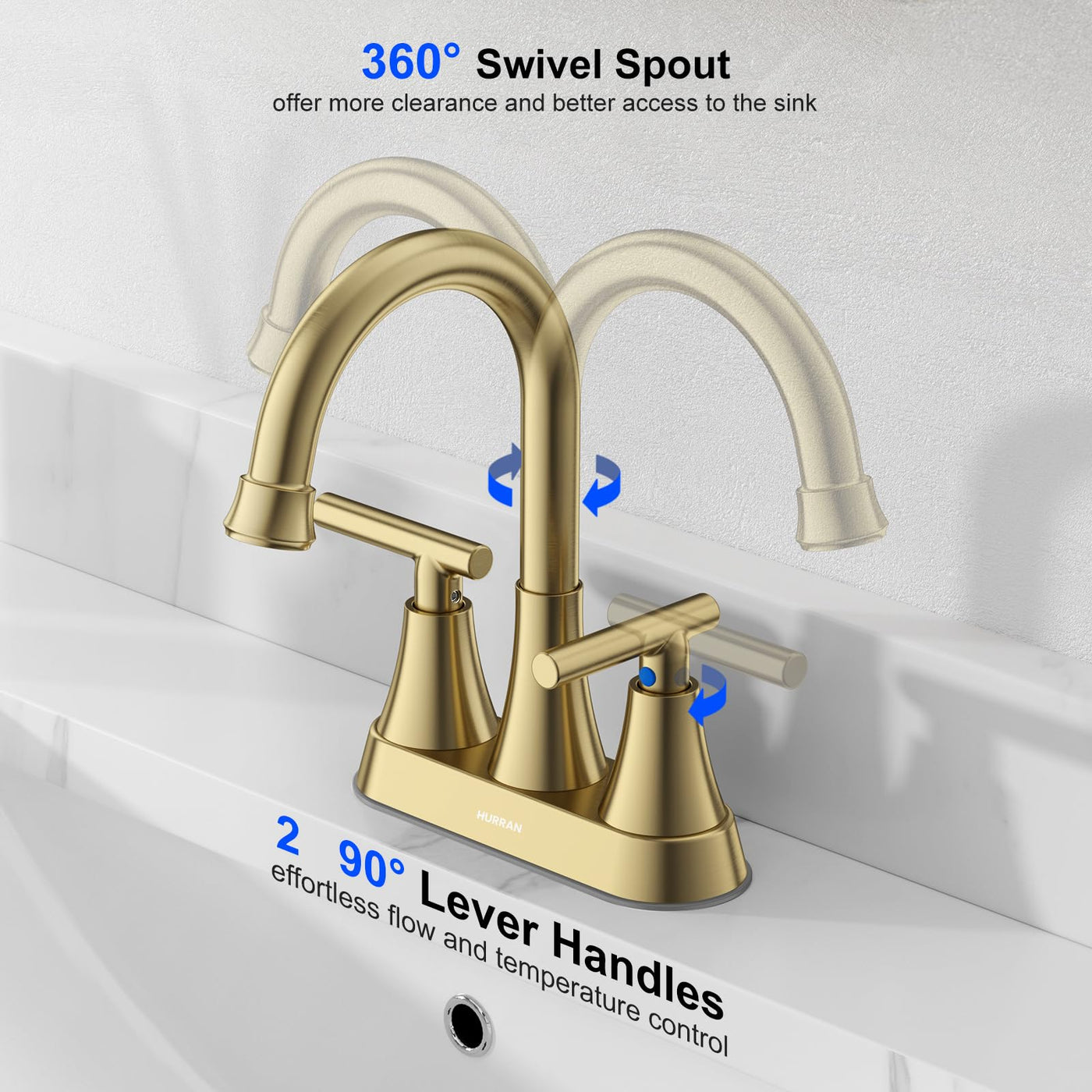 Hurran 4 inch Bathroom Faucets For Sink 3 Hole With Pop-Up Drain & 2 Supply Hoses