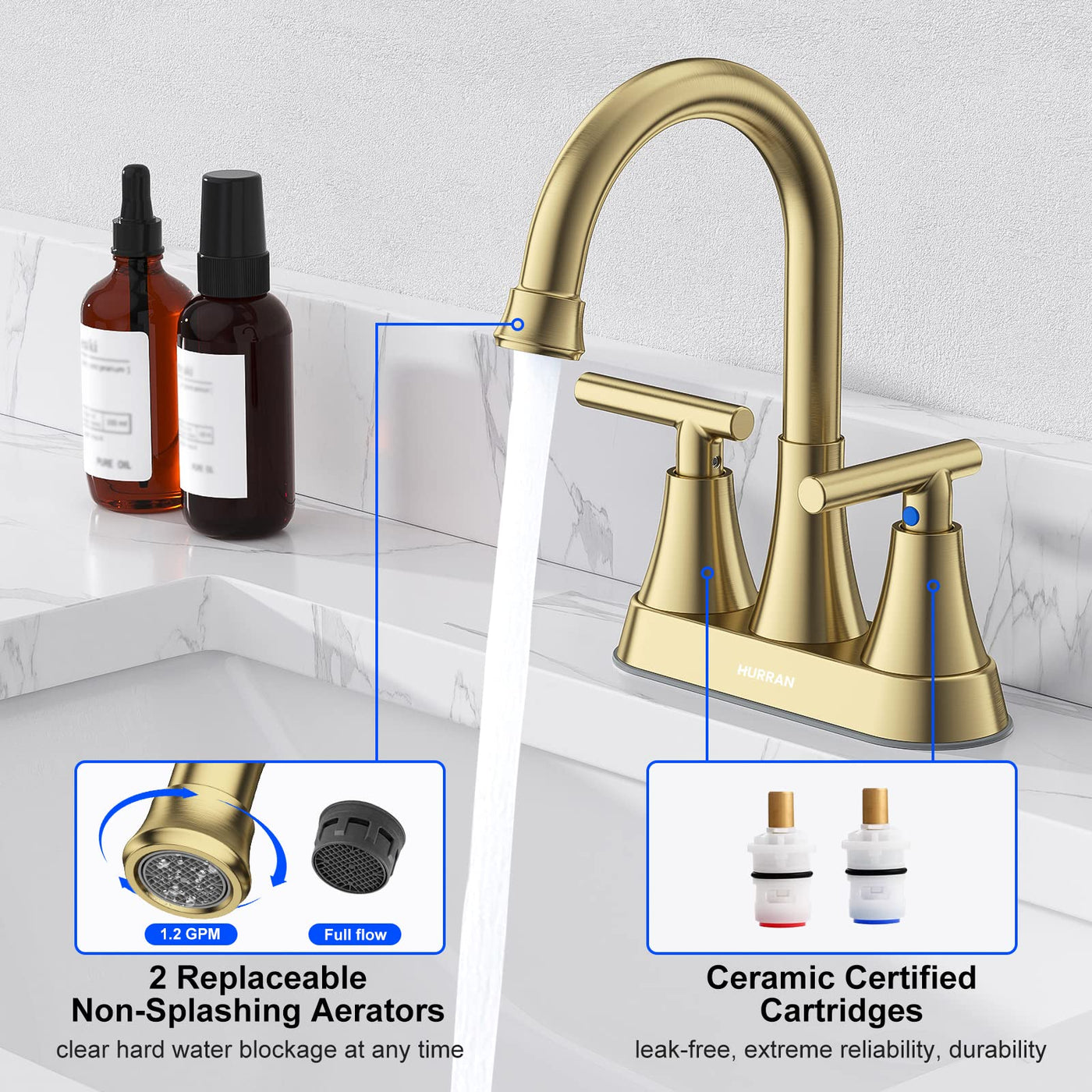Hurran 4 inch Bathroom Faucets For Sink 3 Hole With Pop-Up Drain & 2 Supply Hoses