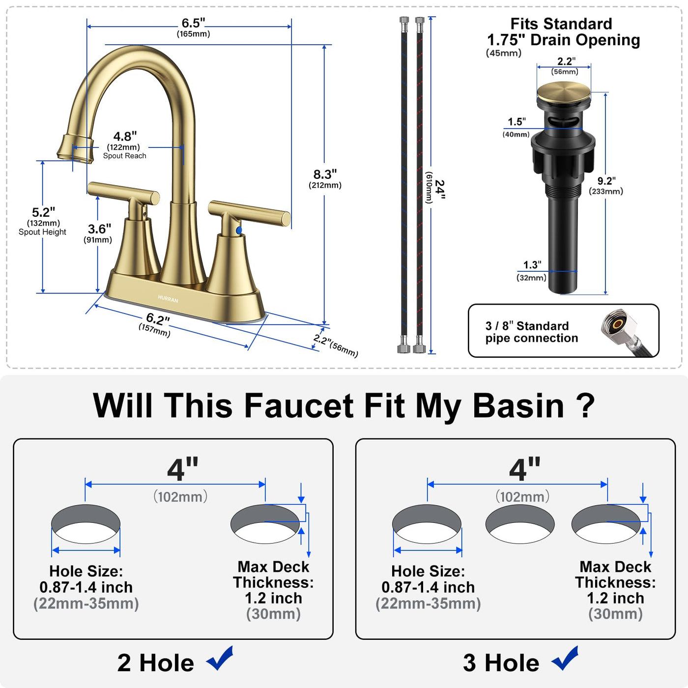 Hurran 4 inch Bathroom Faucets For Sink 3 Hole With Pop-Up Drain & 2 Supply Hoses