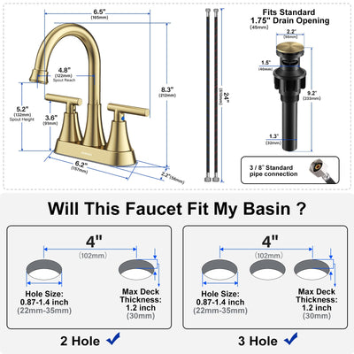 Hurran 4 inch Bathroom Faucets For Sink 3 Hole With Pop-Up Drain & 2 Supply Hoses
