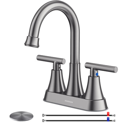 Hurran 4 inch Bathroom Faucets For Sink 3 Hole With Pop-Up Drain & 2 Supply Hoses