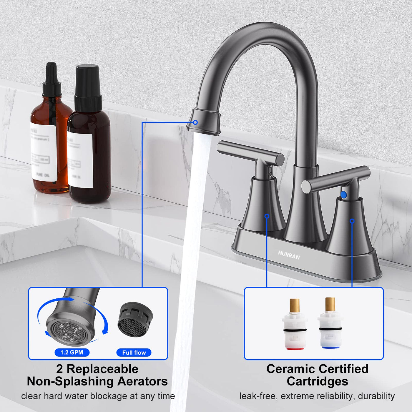 Hurran 4 inch Bathroom Faucets For Sink 3 Hole With Pop-Up Drain & 2 Supply Hoses