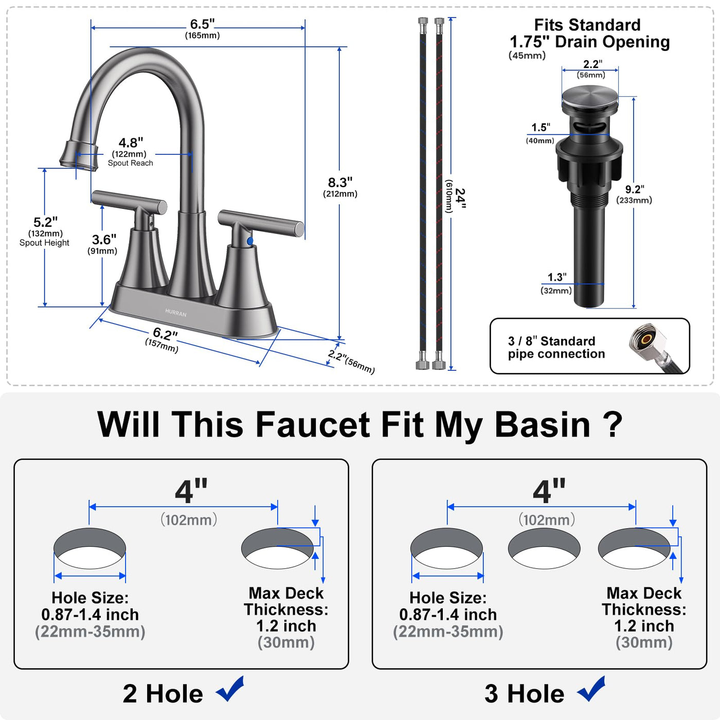 Hurran 4 inch Bathroom Faucets For Sink 3 Hole With Pop-Up Drain & 2 Supply Hoses