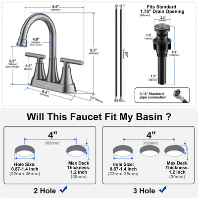 Hurran 4 inch Bathroom Faucets For Sink 3 Hole With Pop-Up Drain & 2 Supply Hoses
