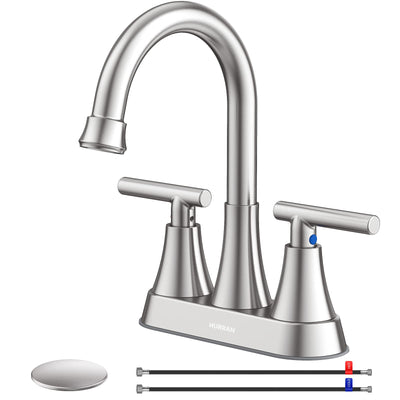 Hurran 4 inch Bathroom Faucets For Sink 3 Hole With Pop-Up Drain & 2 Supply Hoses