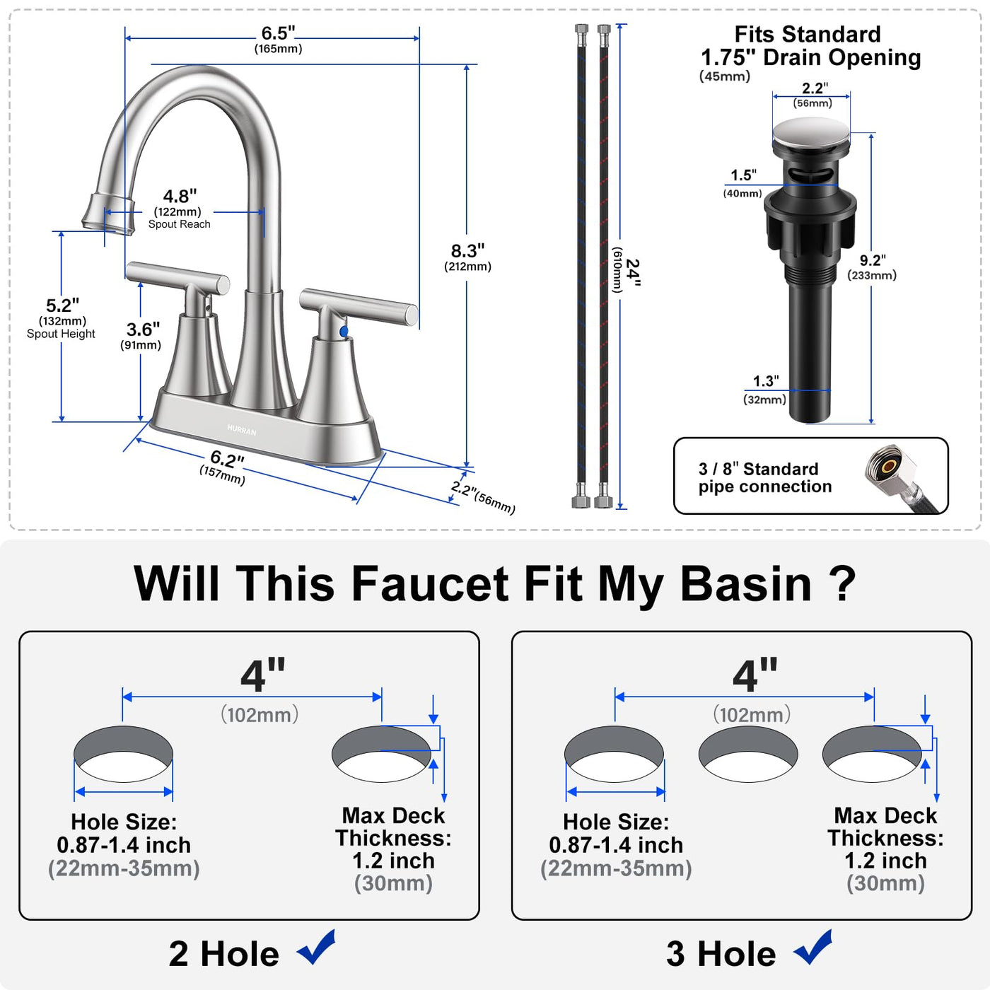 Hurran 4 inch Bathroom Faucets For Sink 3 Hole With Pop-Up Drain & 2 Supply Hoses