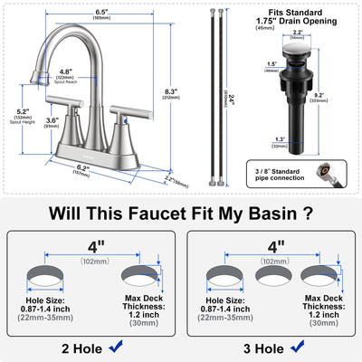 Hurran 4 inch Bathroom Faucets For Sink 3 Hole With Pop-Up Drain & 2 Supply Hoses