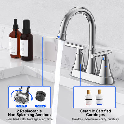 Hurran 4 inch Bathroom Faucets For Sink 3 Hole With Pop-Up Drain & 2 Supply Hoses