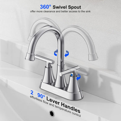 Hurran 4 inch Bathroom Faucets For Sink 3 Hole With Pop-Up Drain & 2 Supply Hoses