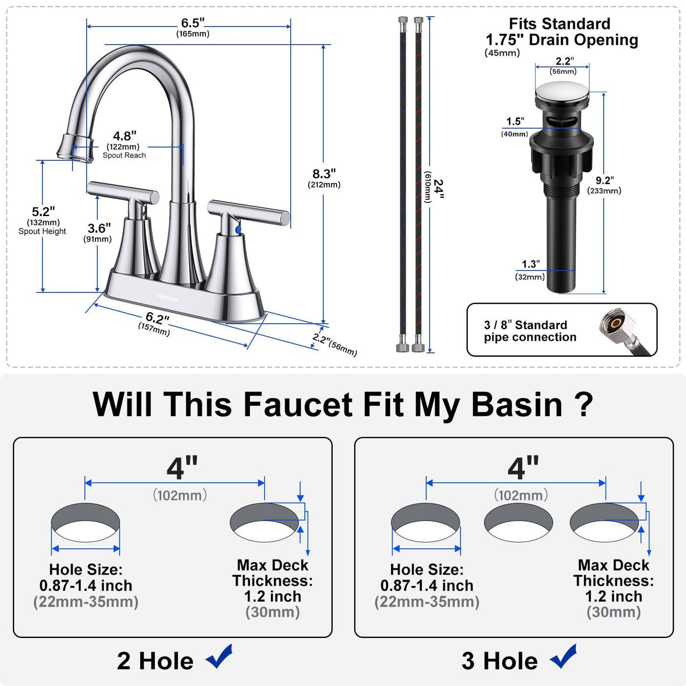 Hurran 4 inch Bathroom Faucets For Sink 3 Hole With Pop-Up Drain & 2 Supply Hoses