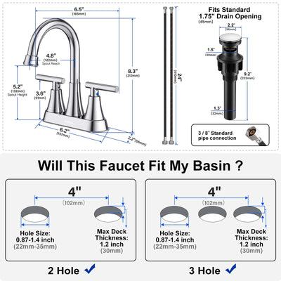 Hurran 4 inch Bathroom Faucets For Sink 3 Hole With Pop-Up Drain & 2 Supply Hoses