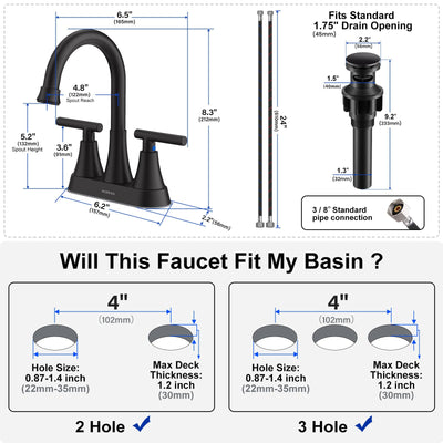 Hurran 4 inch Bathroom Faucets For Sink 3 Hole With Pop-Up Drain & 2 Supply Hoses