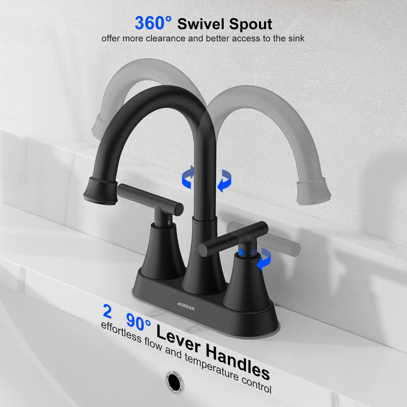 Hurran 4 inch Bathroom Faucets For Sink 3 Hole With Pop-Up Drain & 2 Supply Hoses