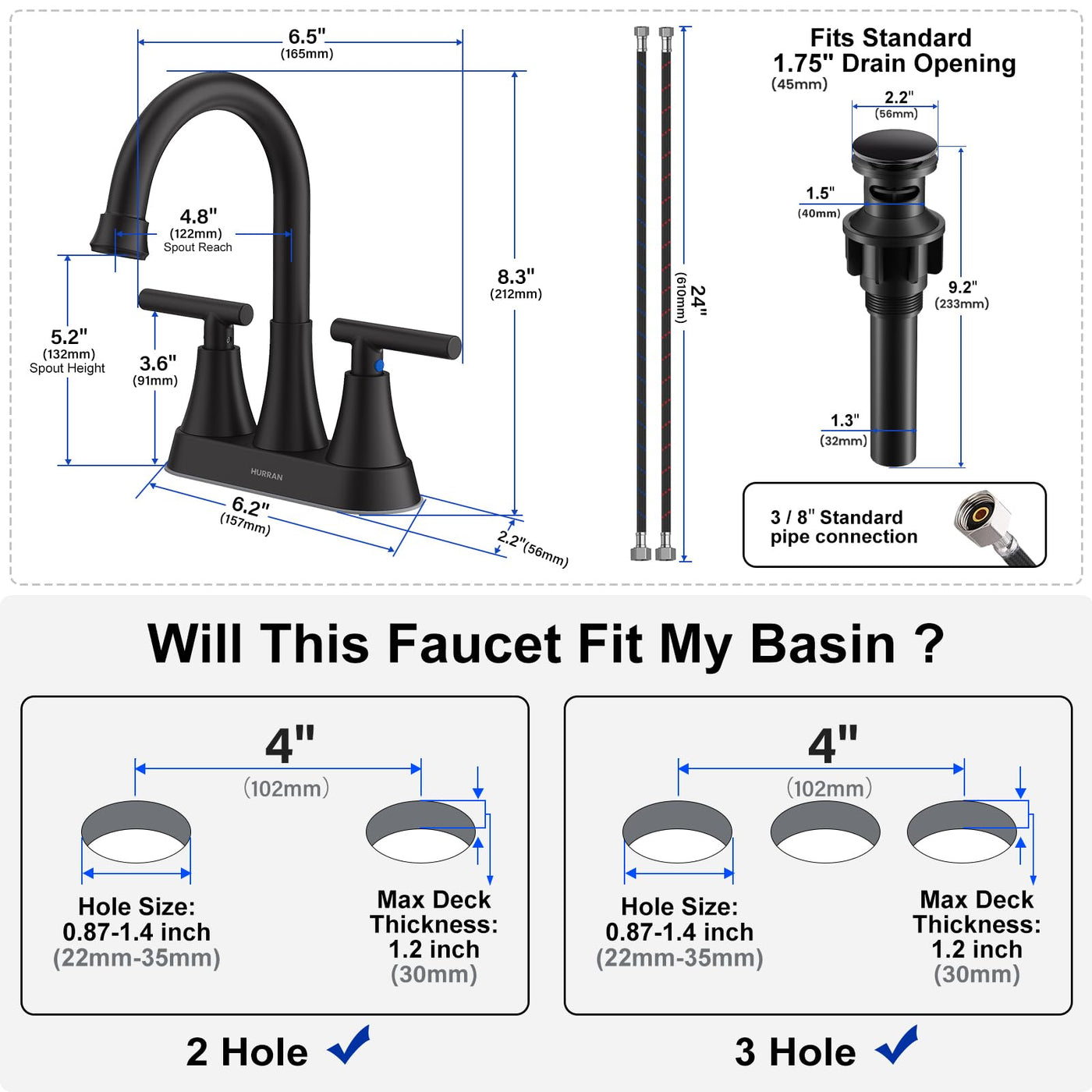 Hurran 4 inch Bathroom Faucets For Sink 3 Hole With Pop-Up Drain & 2 Supply Hoses