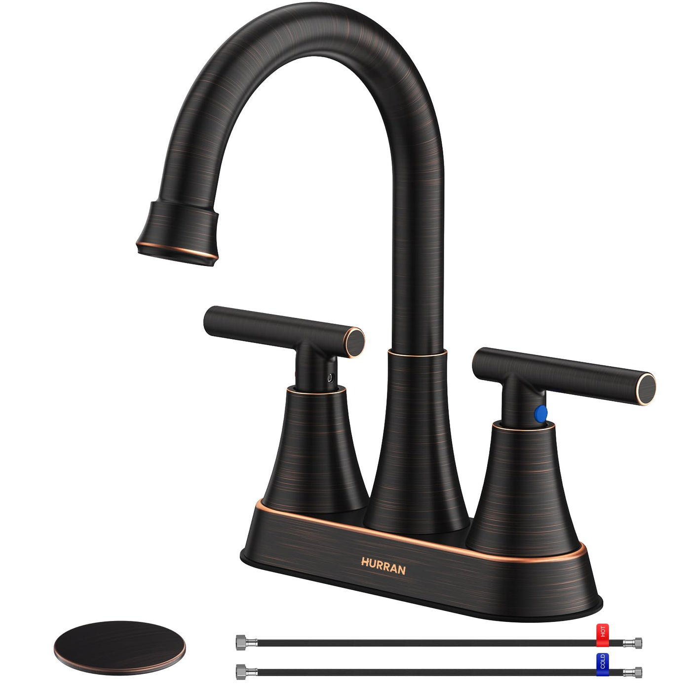Hurran 4 inch Bathroom Faucets For Sink 3 Hole With Pop-Up Drain & 2 Supply Hoses