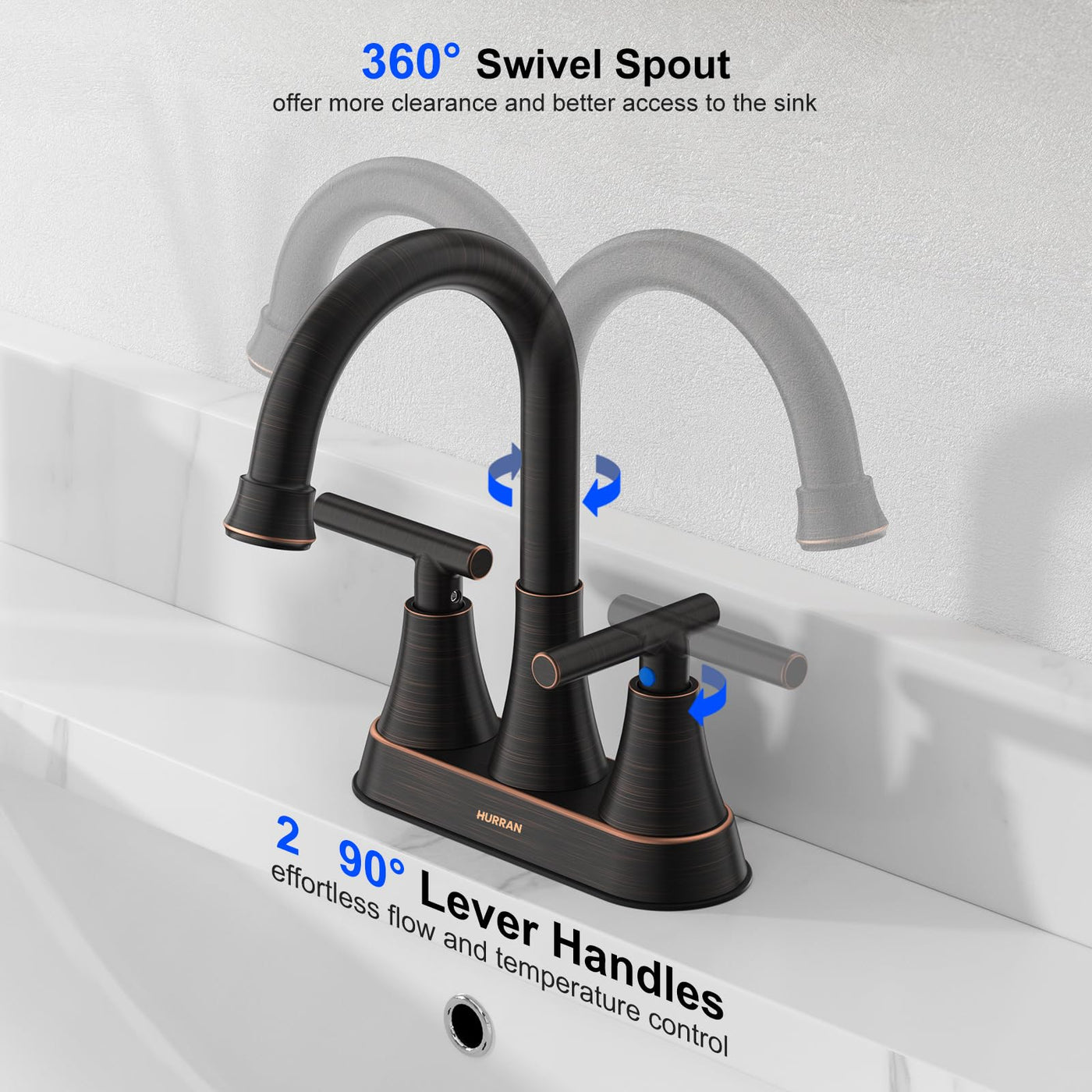 Hurran 4 inch Bathroom Faucets For Sink 3 Hole With Pop-Up Drain & 2 Supply Hoses