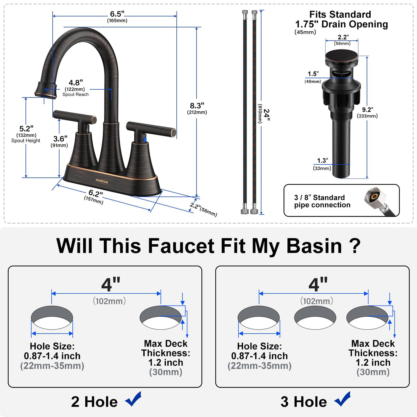 Hurran 4 inch Bathroom Faucets For Sink 3 Hole With Pop-Up Drain & 2 Supply Hoses