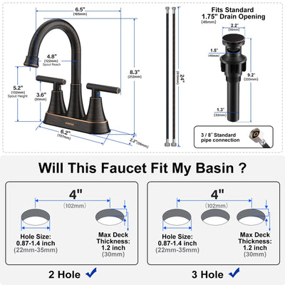 Hurran 4 inch Bathroom Faucets For Sink 3 Hole With Pop-Up Drain & 2 Supply Hoses